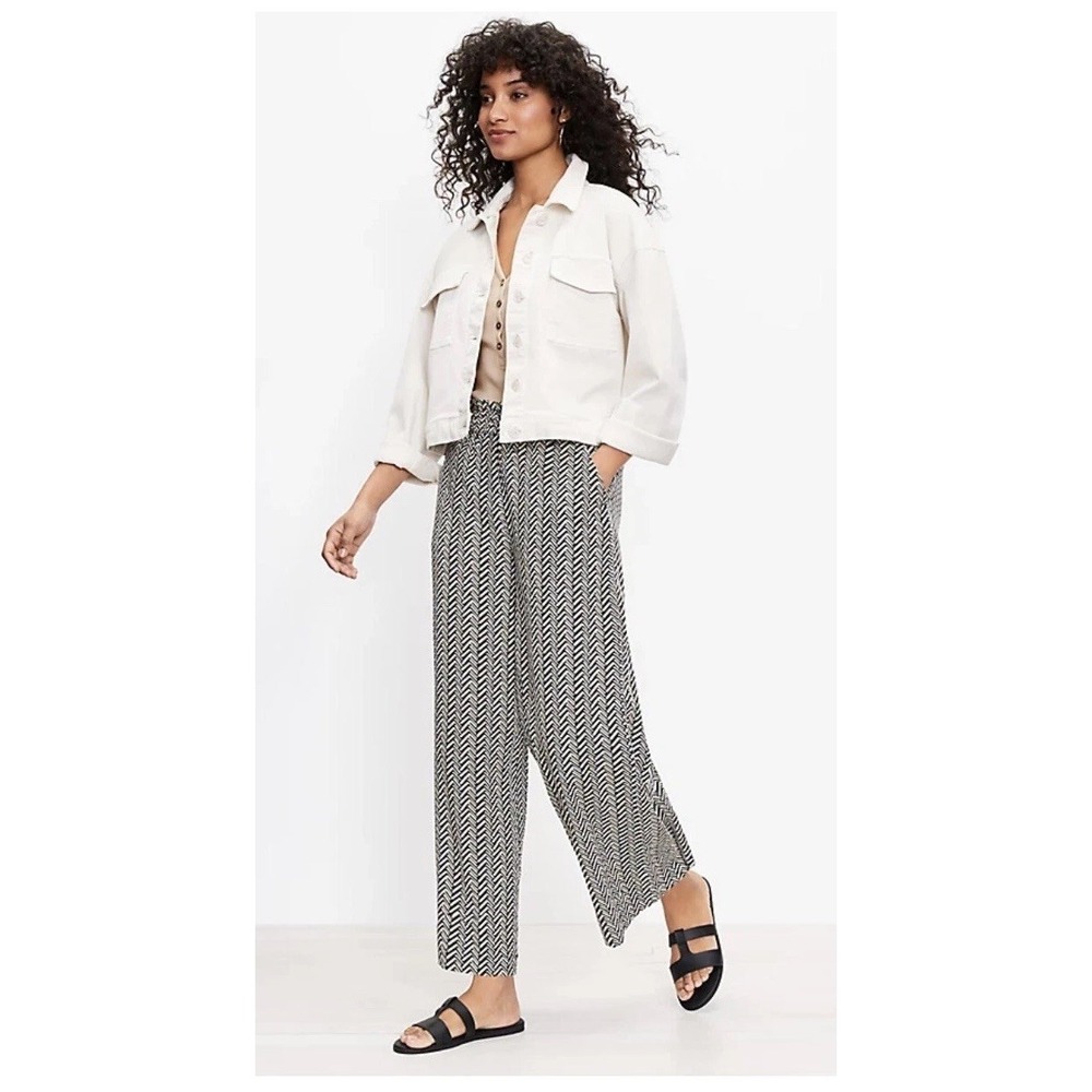 Loft Womens XS Linen-Blend Pull-On Wide-Leg Ankle Pants Chevron Print Pockets‎